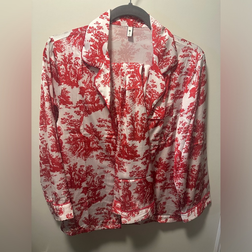 NEW CCB Red & White Satin Toile Ink-Print Button Lapel Collar Pants Pajama Set L - Picture 4 of 10